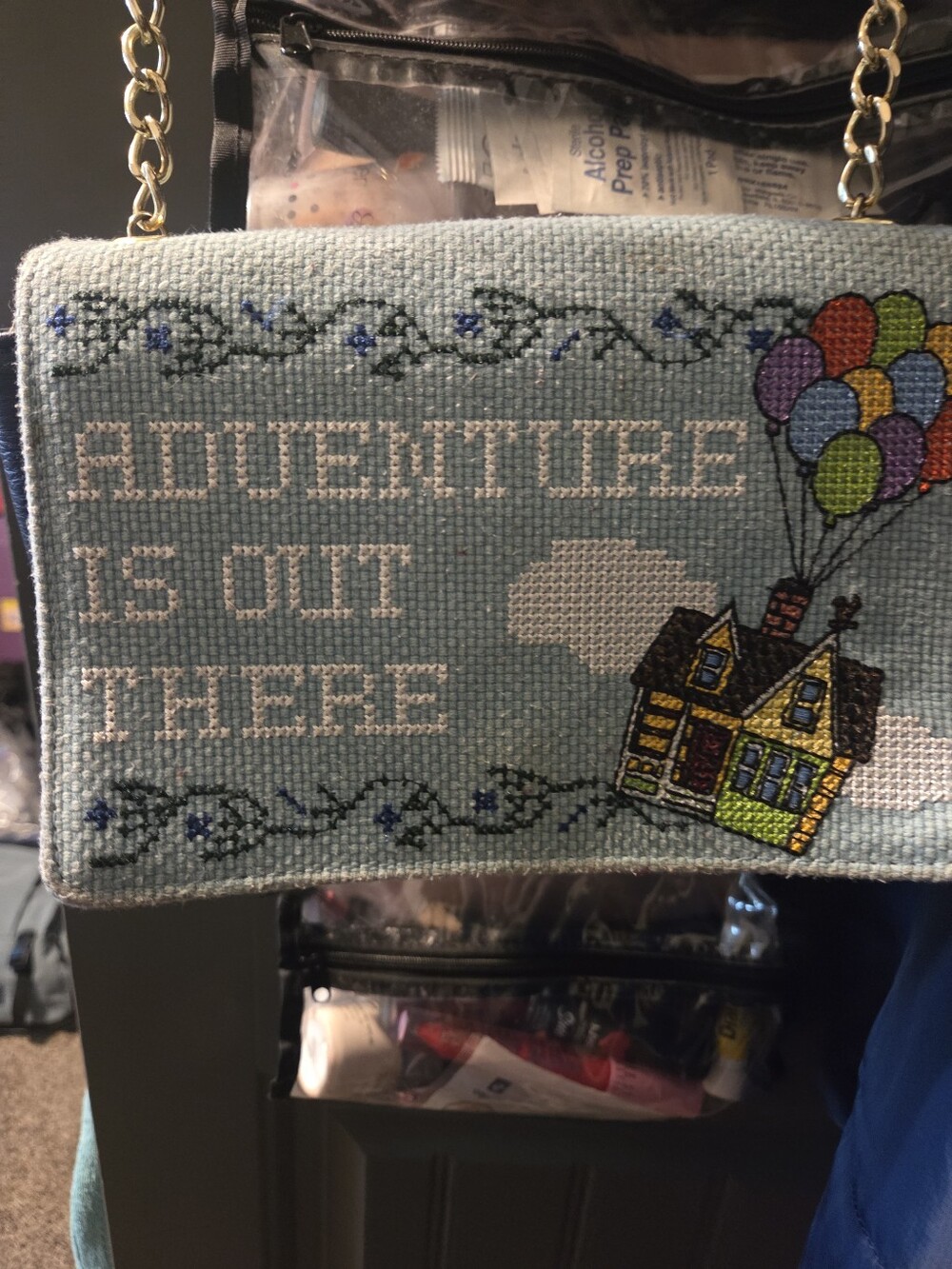 Loungefly Light Blue Disney Cross-Stitch Shoulder Bag with Gold Accents